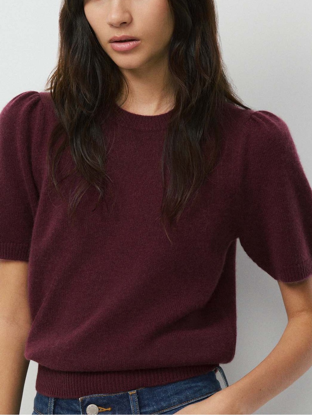 Aritzia Wilfred Cherub Wool Cashmere Puff Sleeve Sweater Raspberry Maroon